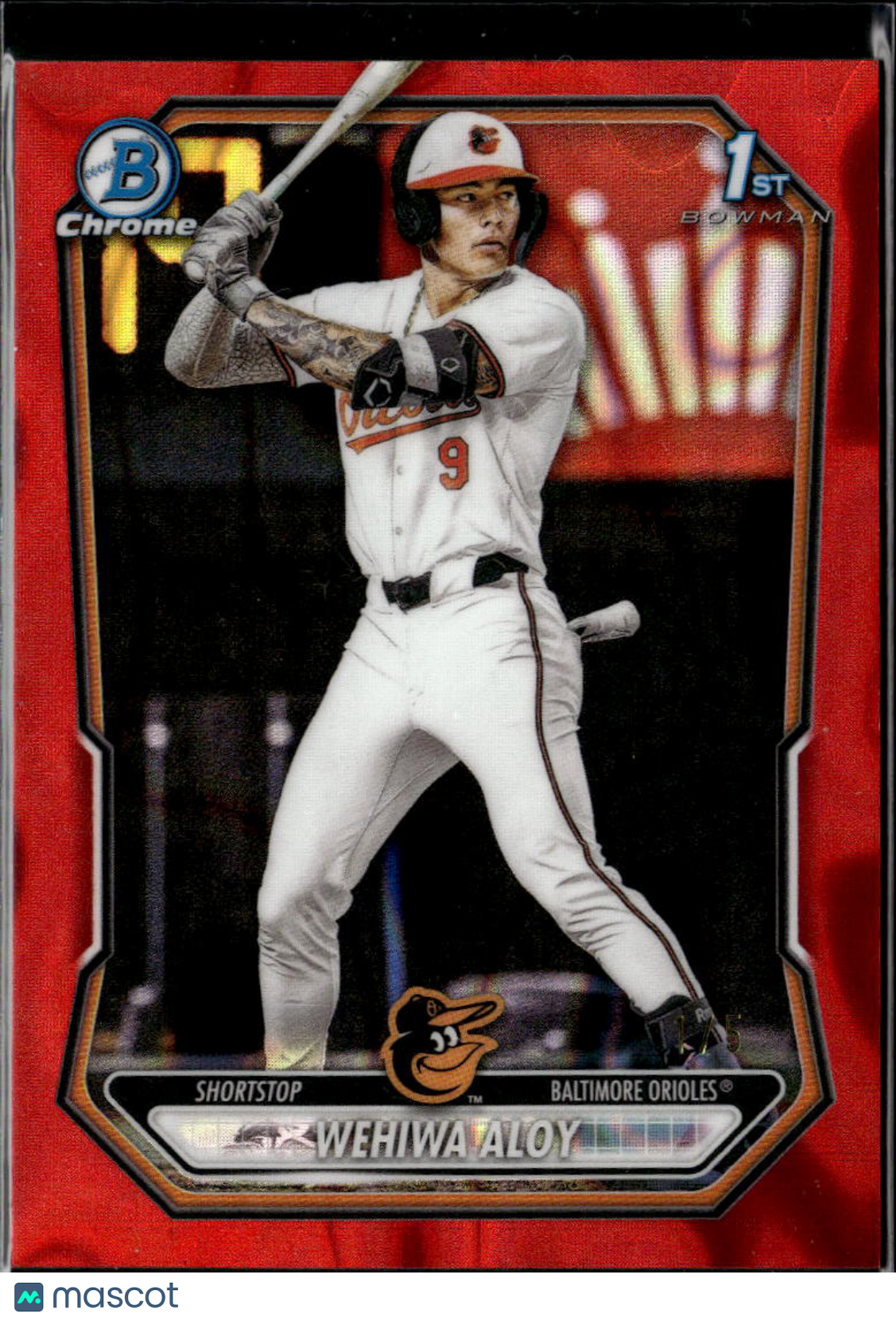 Wehiwa Aloy 2025 Bowman Chrome 1st Red Lava Refractor RC 1/5 Baltimore Orioles