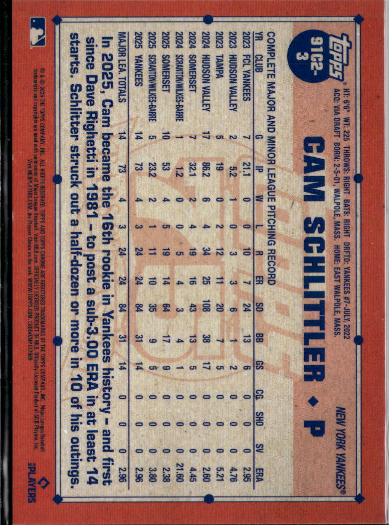 Cam Schlittler 2025 Topps Chrome '91 Green Refractor RC 14/99 New York Yankees