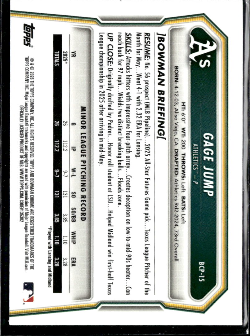 Gage Jump 2026 Bowman Chrome 1st Green Grass Refractor 65/99 Oakland Athletics