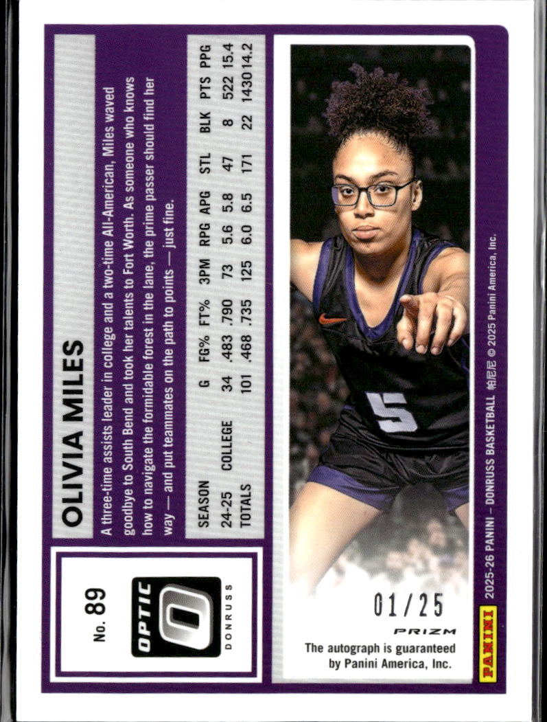 Olivia Miles 2025 Optic Rated Rookie Auto Autograph RC 1/25 Notre Dame Lynx