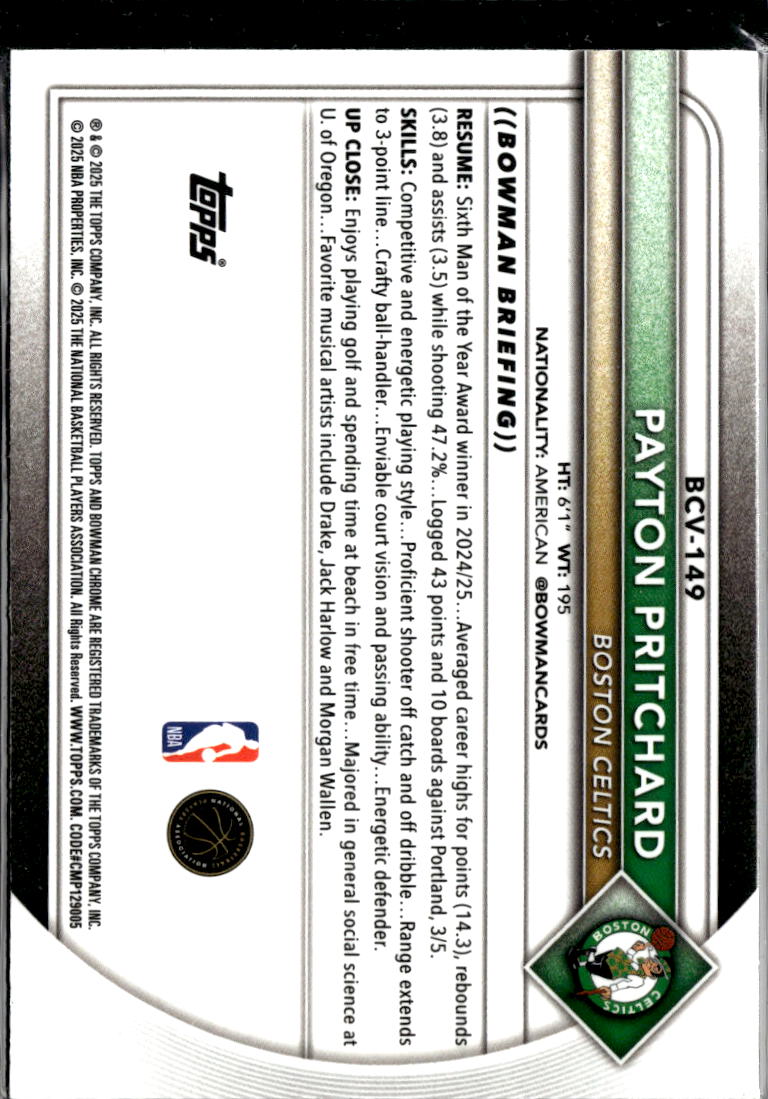 Payton Pritchard 2025 Bowman Chrome Green Mega Box Refractor 57/99 Celtics