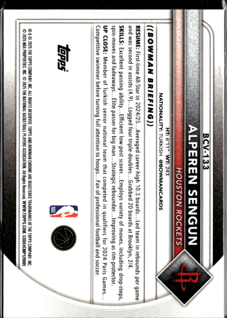 Alperen Sengun 2025 Bowman Chrome Rose Gold Refractor 3/15 Houston Rockets