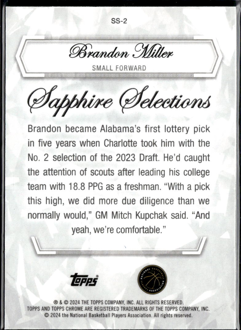 Brandon Miller 2024 Topps Chrome Sapphire Selections SSP RC Blue Hornets