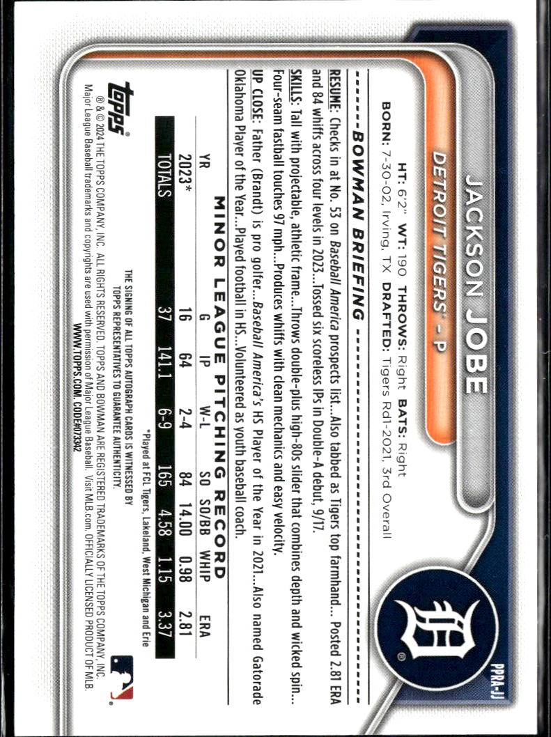 Jackson Jobe 2024 Bowman Auto Autograph Purple RC 176/250 Detroit Tigers