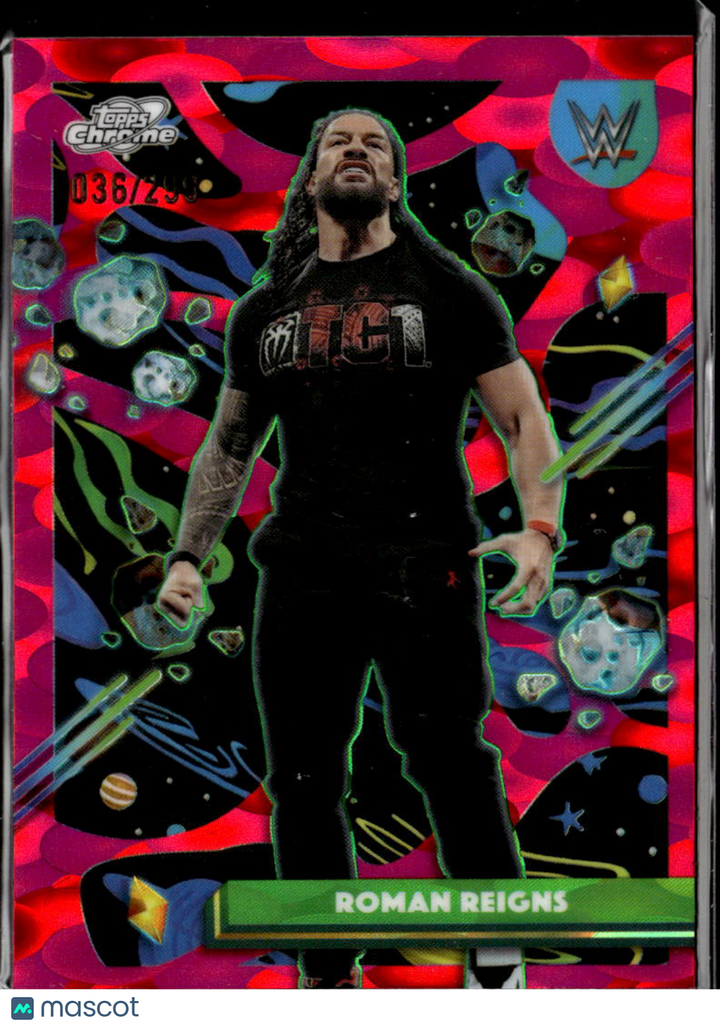 Roman Reigns 2026 Topps Chrome Cosmic WWE Pink Lava Refractor 36/299