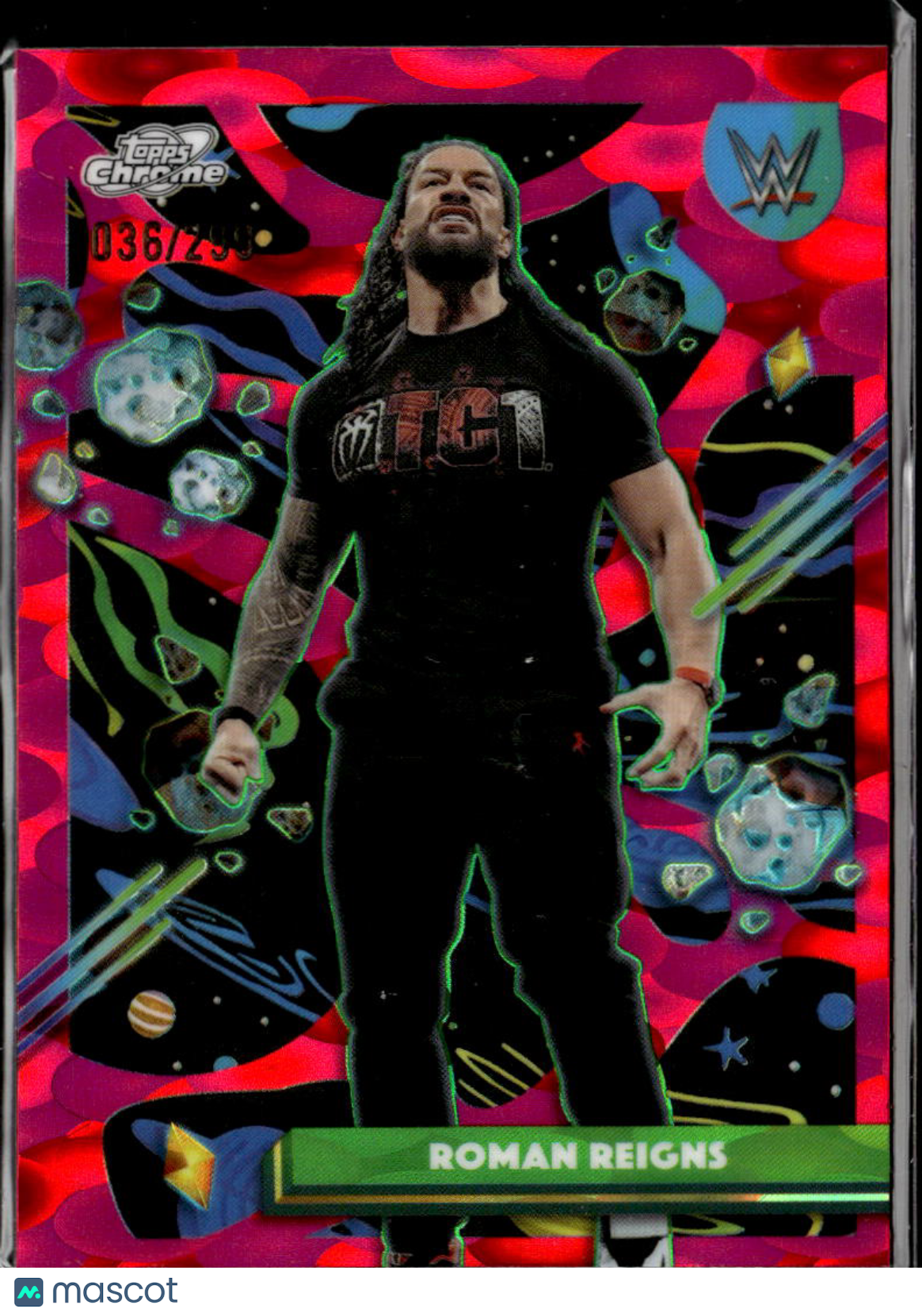 Roman Reigns 2026 Topps Chrome Cosmic WWE Pink Lava Refractor 36/299