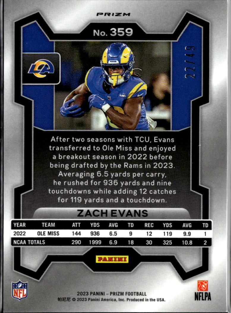 Zach Evans 2023 Prizm Purple Power Prizm Rookie RC 22/49 Los Angeles Rams
