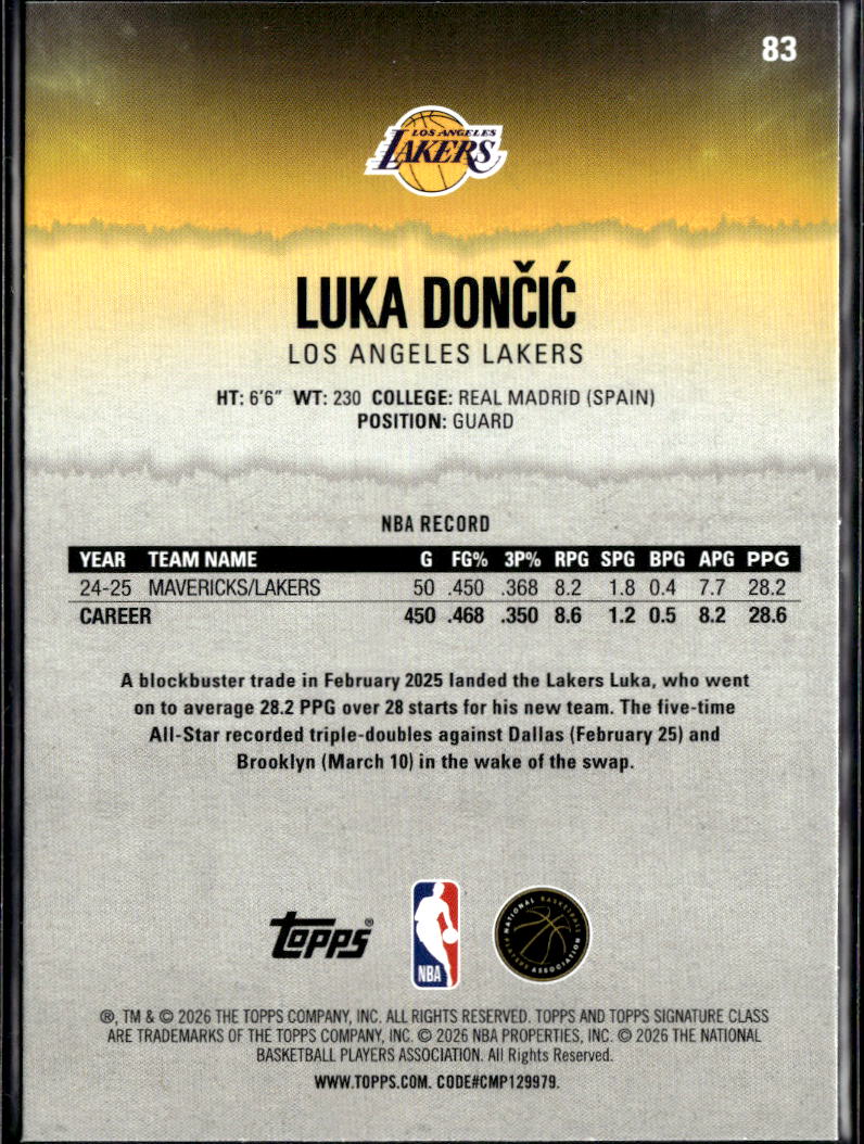 Luka Doncic 2026 Topps Signature Yellow 32/399 Los Angeles Lakers