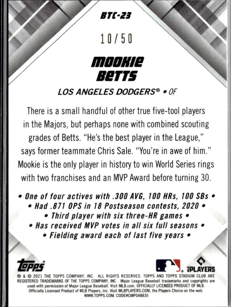 Mookie Betts 2021 Stadium Club Chrome Beam Team GOLD Refractor 10/50 Dodgers