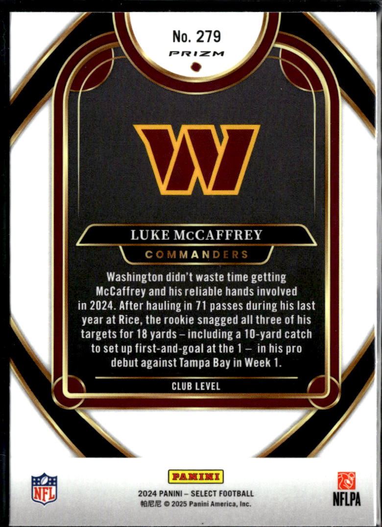 Luke McCaffrey 2024 Select Zebra Prizm SSP Rookie RC Washington Commanders