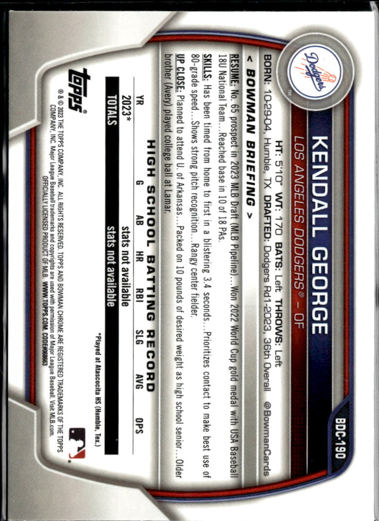 Kendall George 2023 Bowman Chrome 1st Aqua Lunar RC 26/125 Los Angeles Dodgers