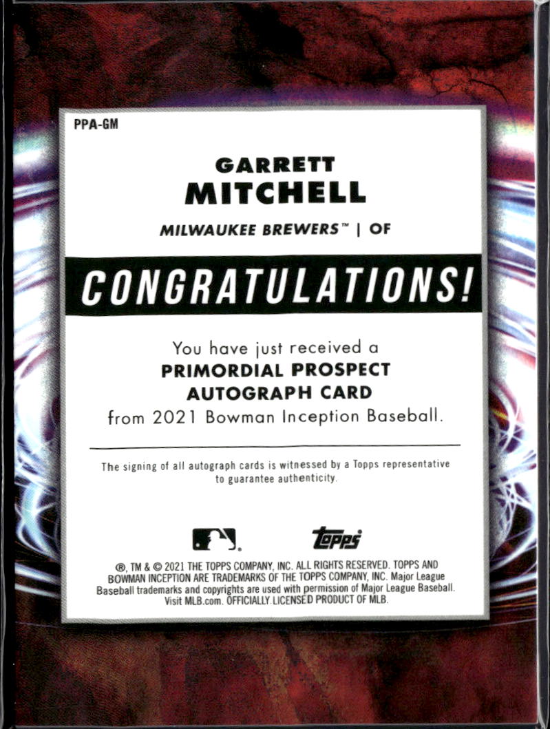 Garrett Mitchell 2021 Bowman Inception Auto Autograph 13/75 Milwaukee Brewers