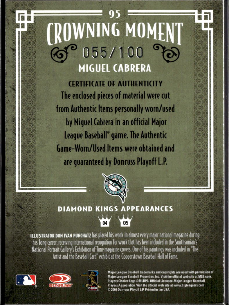 Miguel Cabrera 2005 Diamond Kings Game Worn Jersey Bat 55/100 Florida Marlins