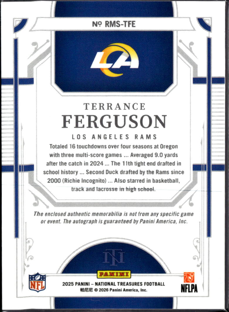 Terrance Ferguson 2025 National Treasures Auto Autograph Patch RC 12/18 LA Rams