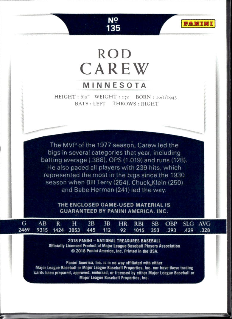 Rod Carew 2018 National Treasures Game Used Patch 2/99 Minnesota Twins