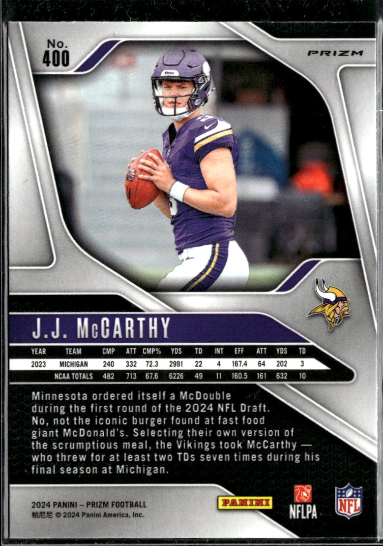 J.J. McCarthy 2024 Panini Prizm Silver Prizm Rookie RC Minnesota Vikings