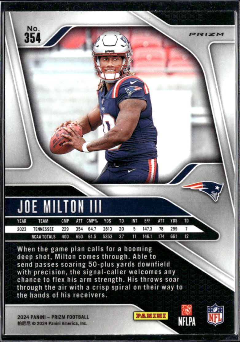 Joe Milton III 2024 Panini Prizm Silver Prizm Rookie RC New England Patriots
