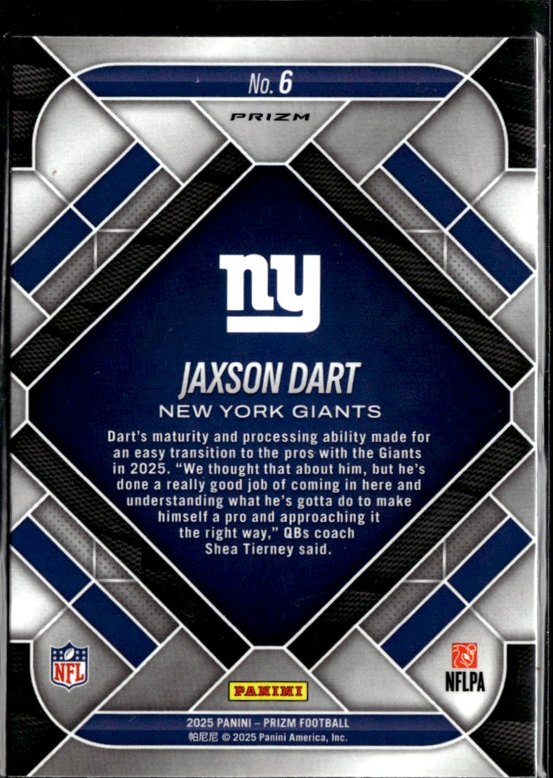 Jaxson Dart 2025 Panini Prizm Emergent RC White Sparkle New York Giants
