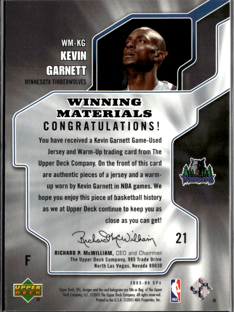 Kevin Garnett 2005 Upper Deck SPx Game Worn Jersey Patch Minnesota Timberwolves
