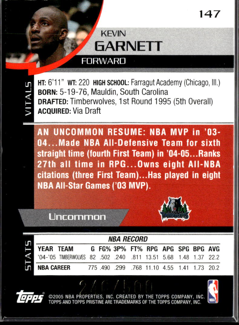 Kevin Garnett 2005 Topps Pristine Game Worn Jersey Patch 246/500 Timberwolves