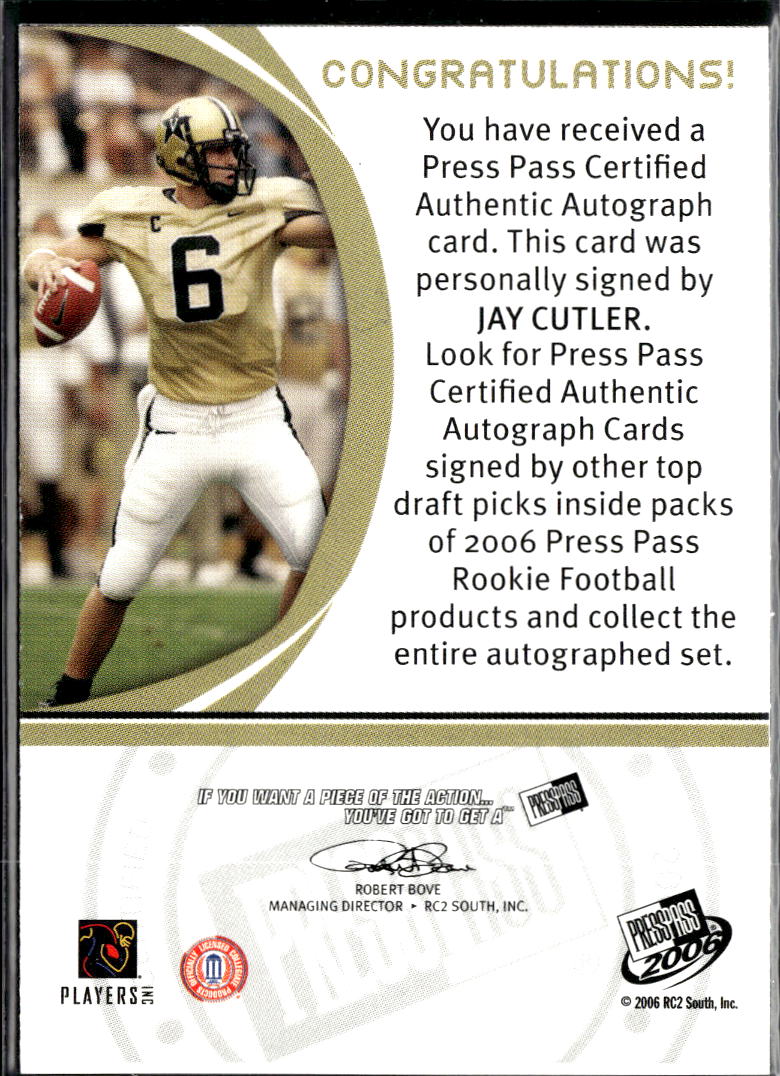 Jay Cutler 2006 Press Pass Auto Autograph RC Vanderbilt Denver Broncos