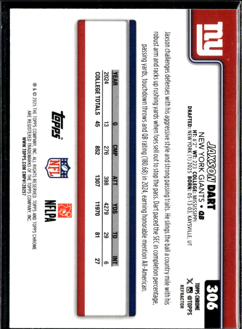 Jaxson Dart 2025 Topps Chrome RC Refractor New York Giants