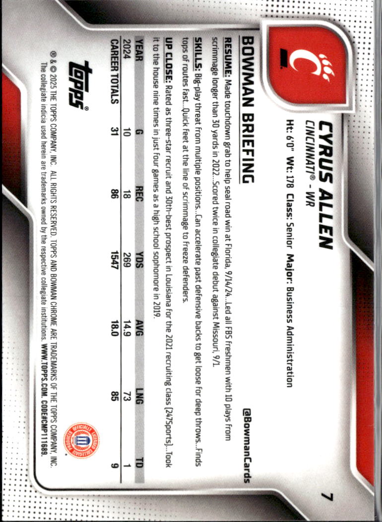Cyrus Allen 2025 Bowman Chrome 1st Orange Refractor RC 5/25 Cincinnati Bearcats