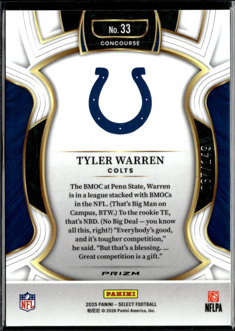 Tyler Warren 2025 Select Maroon Rookie RC Prizm 87/149 Indianapolis Colts