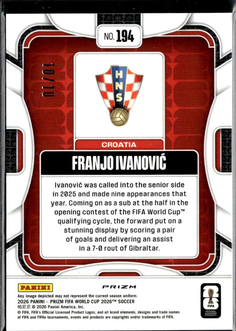 Franjo Ivanovic 2026 Panini Prizm FIFA World Cup GOLD Wave RC 10/10 Croatia