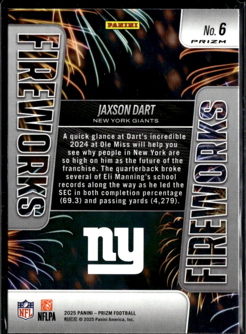 Jaxson Dart 2025 Panini Prizm Fireworks Green Wave RC New York Giants