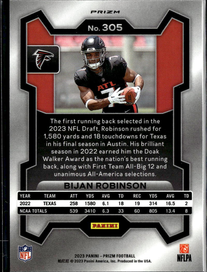 Bijan Robinson 2023 Prizm RC Red White Blue Prizm Rookie Atlanta Falcons
