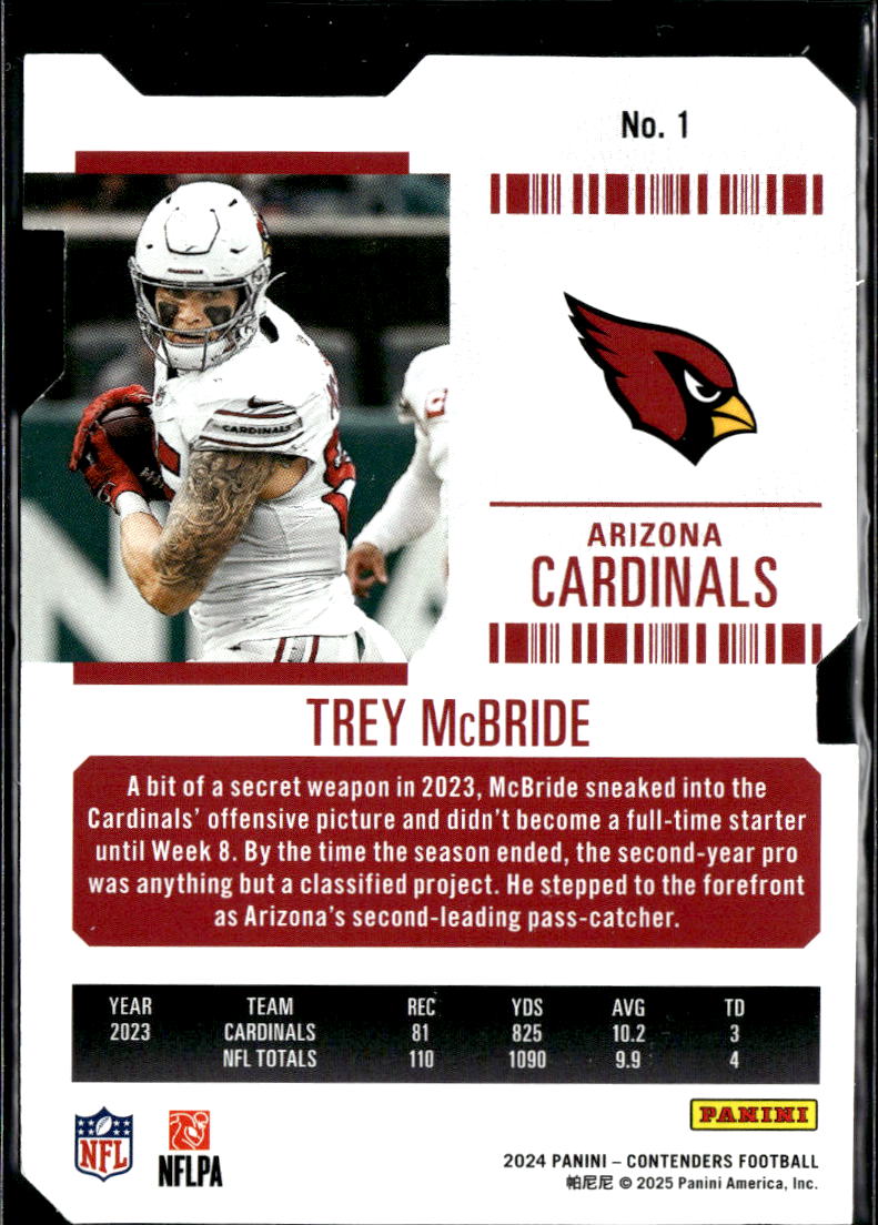 Trey McBride 2025 Contenders Ticket Stub 3/85 Arizona Cardinals
