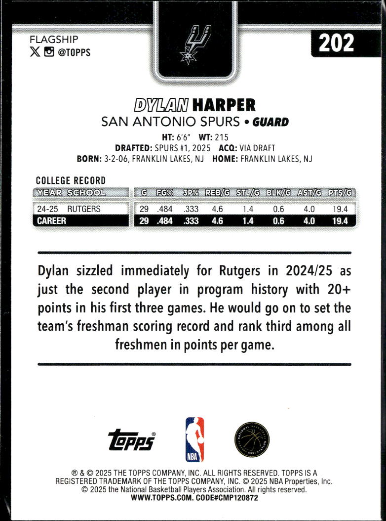 Dylan Harper 2025 Topps Flagship RC Rainbow Foil Rookie #202 San Antonio Spurs