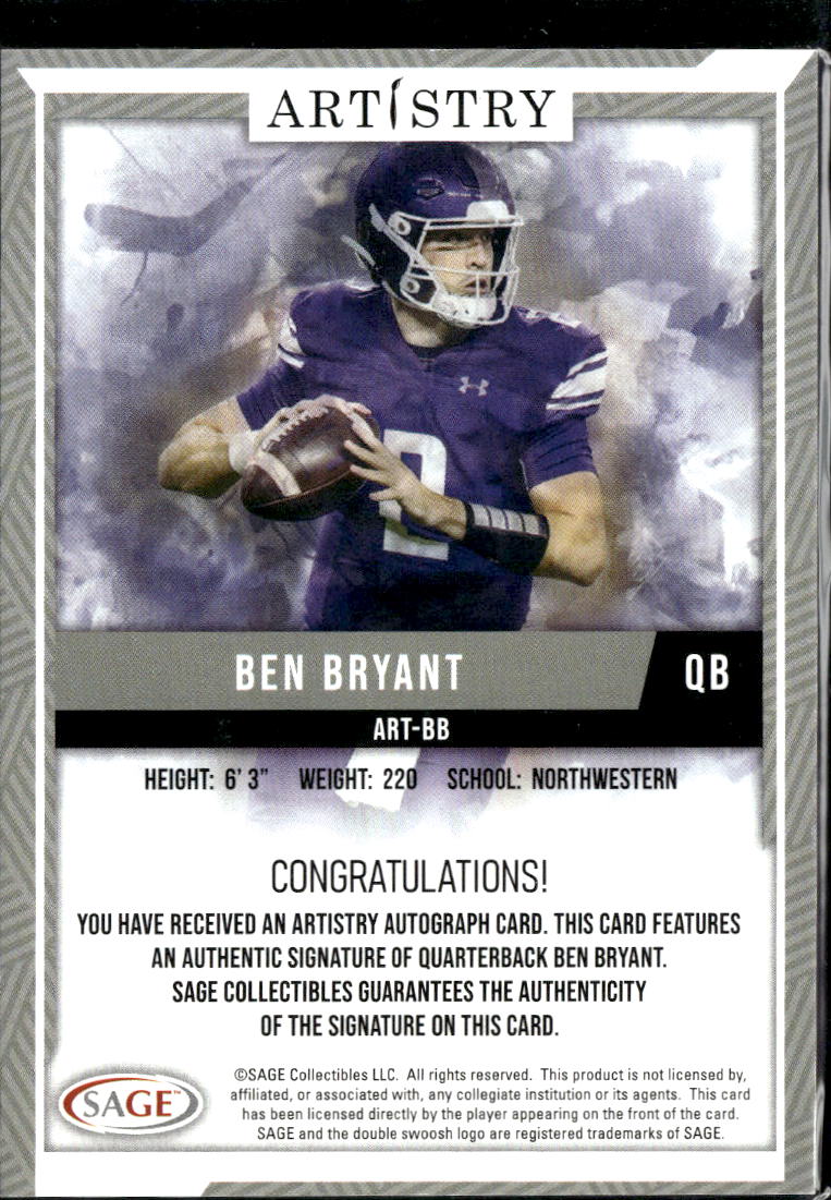 Ben Bryant 2024 SAGE Artistry Autograph Auto RC 10/25 Northwestern Wildcats