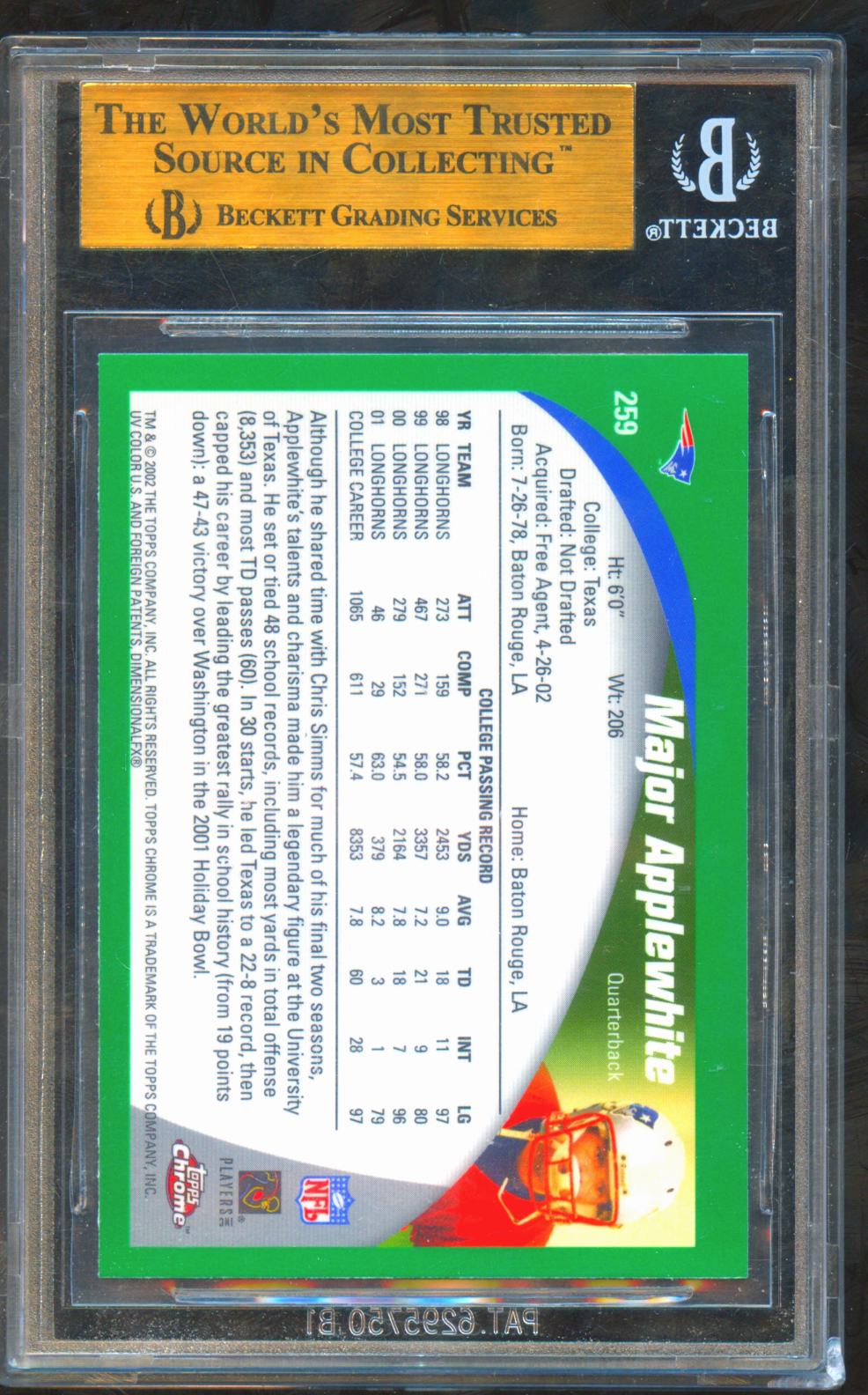 Major Applewhite 2002 Topps Chrome Refractor Rookie Longhorns Patriots BGS 9.5