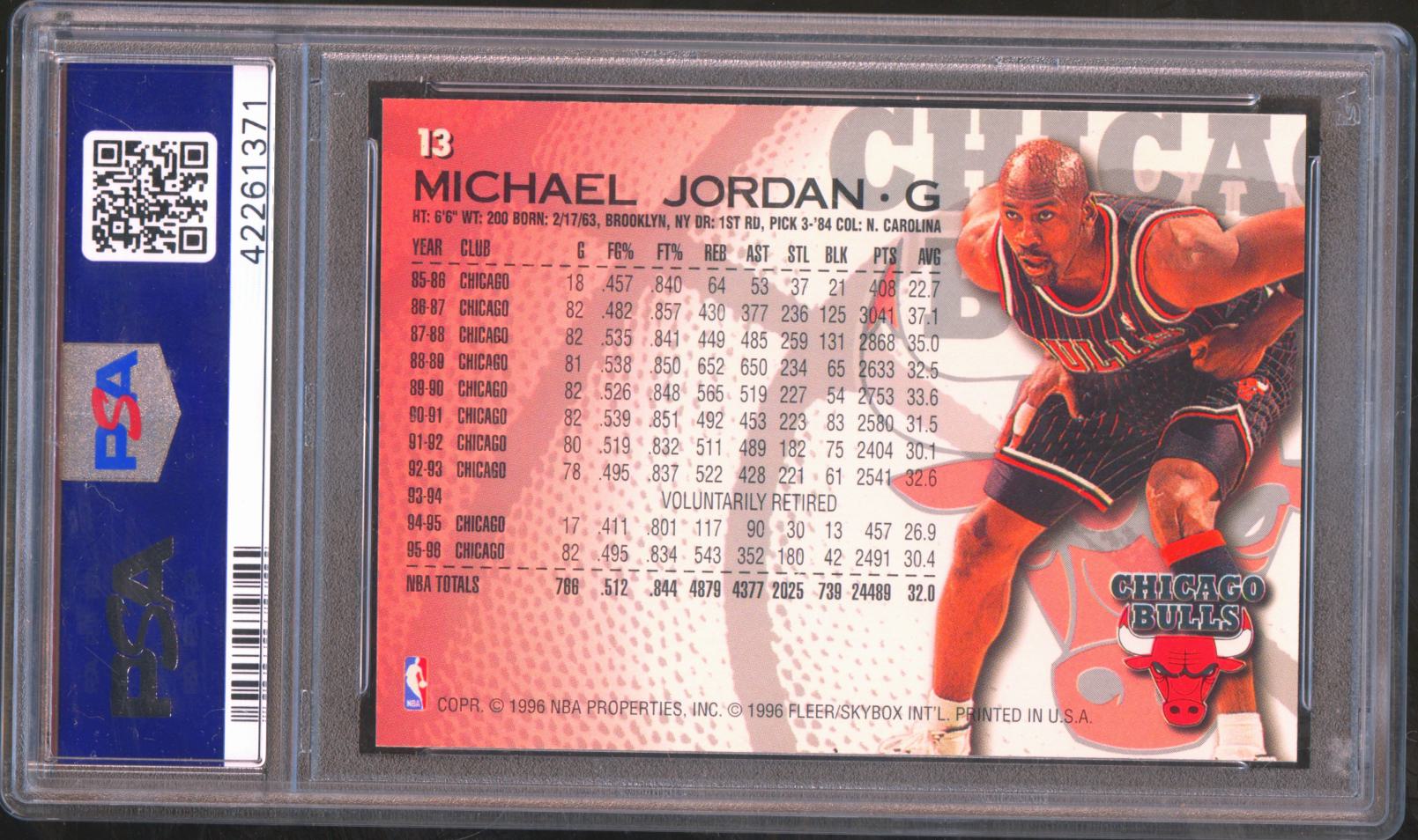 Michael Jordan 1996 Fleer Basketball Card Chicago Bulls #13 PSA 10