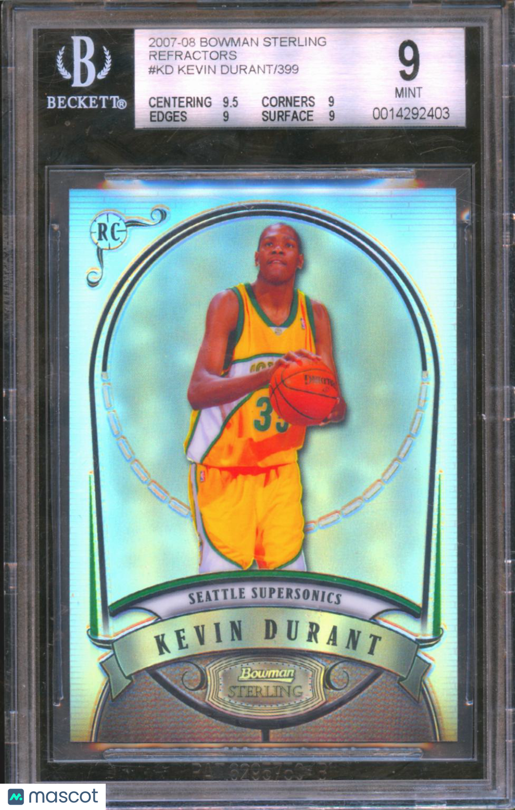 Kevin Durant 2007-08 Bowman Sterling Refractors RC Rookie Sonics 271/399 BGS 9