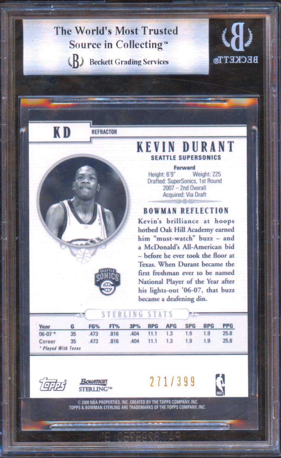 Kevin Durant 2007-08 Bowman Sterling Refractors RC Rookie Sonics 271/399 BGS 9