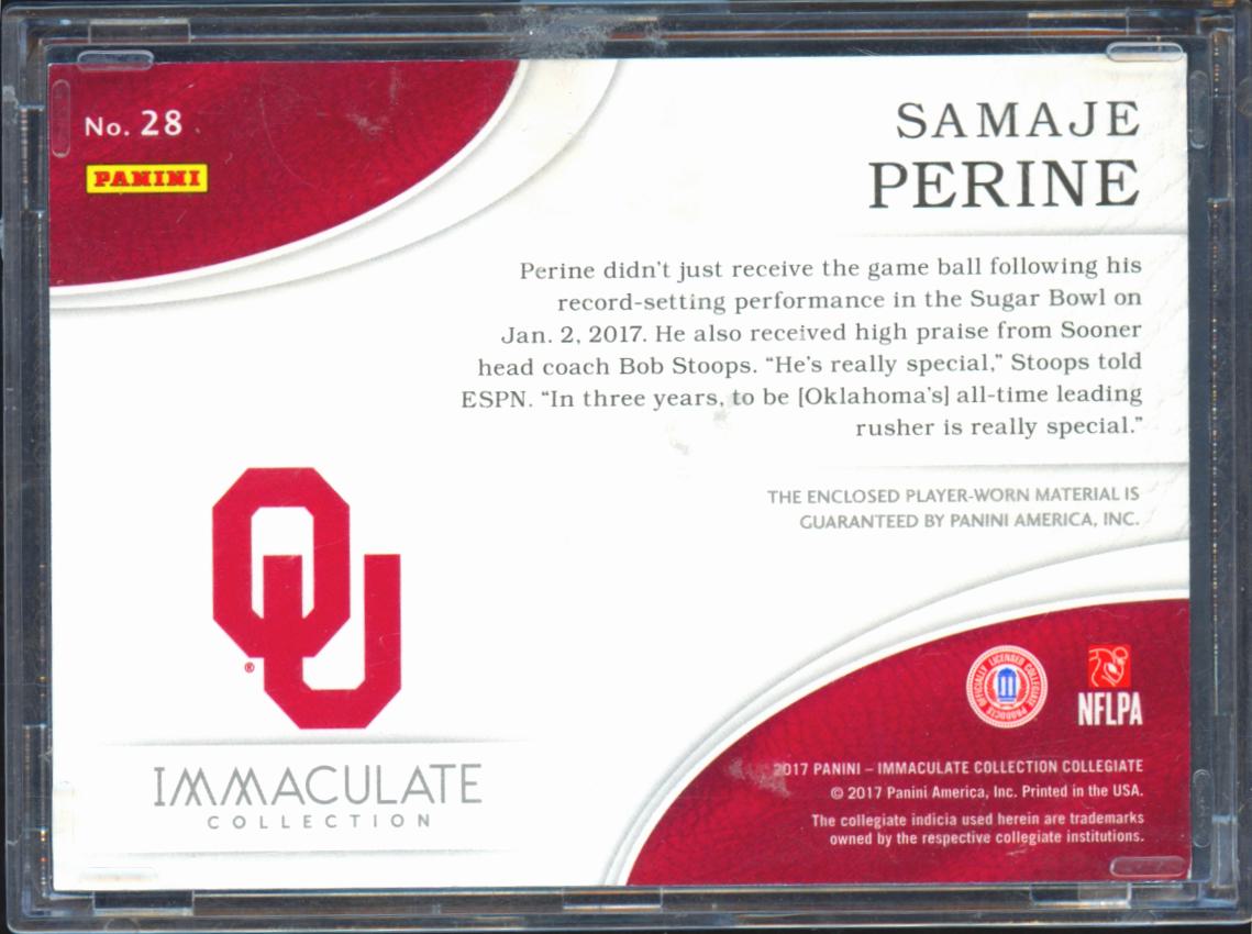 Samaje Perine 2017 Immaculate LOGO Patch Cap Rookie RC 2/2 Oklahoma Sooners