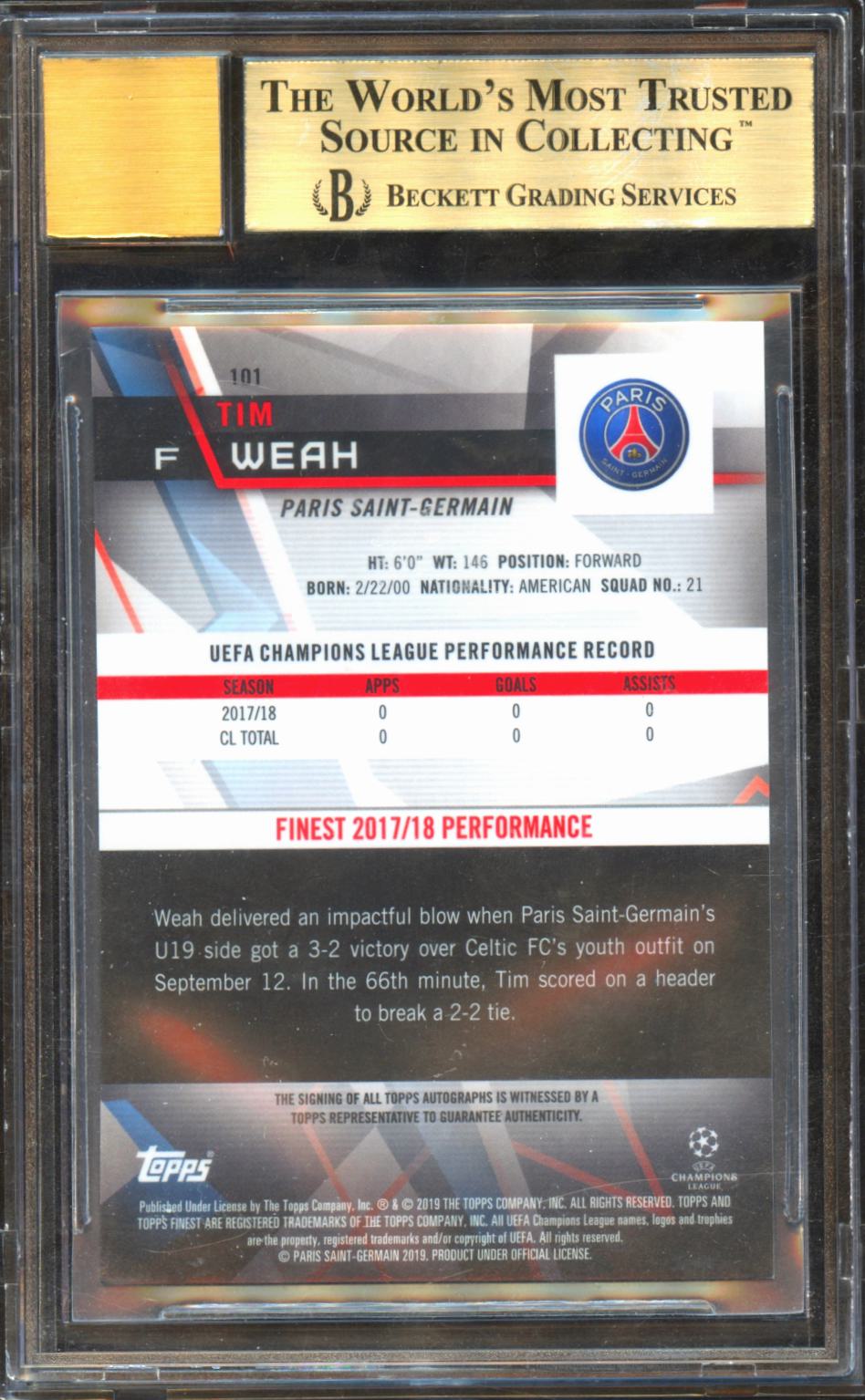 Tim Weah 2018 Topps Finest UEFA Auto Autograph USA 173/399 BGS 9.5 Auto 9