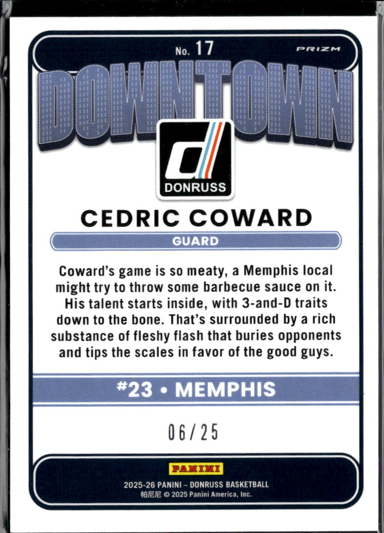 Cedric Coward 2025 Optic Downtown Black Pandora RC 6/25 Memphis Tigers