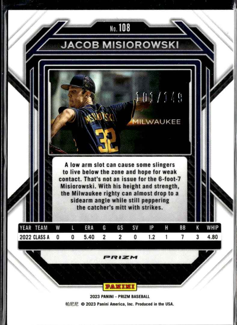 Jacob Misiorowski 2023 Prizm Blue Prizm Rookie RC 101/149 Milwaukee Brewers