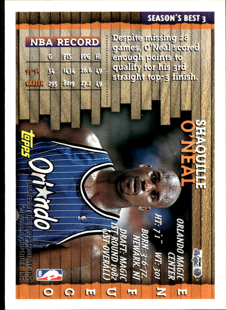 Shaquille O'Neal 1996 Topps En Fuego Insert #3 Orlando Magic