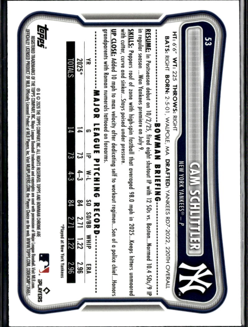 Cam Schlittler 2026 Bowman Chrome RC Pink Mojo Rookie 85/199 New York Yankees