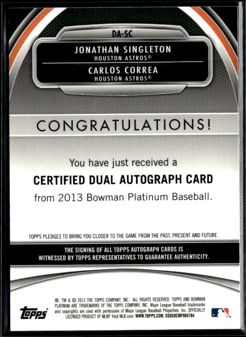 Carlos Correa / Singleton 2013 Bowman Platinum Dual Auto Autograph /25 Astros