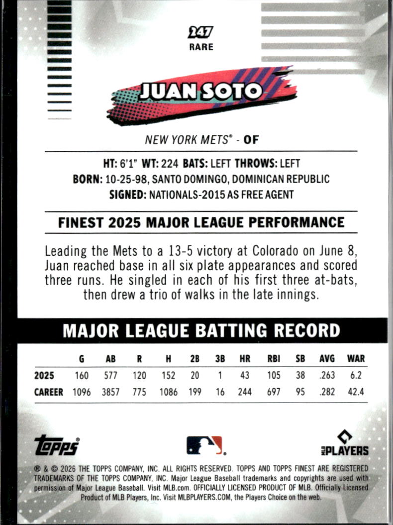 Juan Soto 2026 Topps Finest RARE Orange Refractor 8/25 New York Mets
