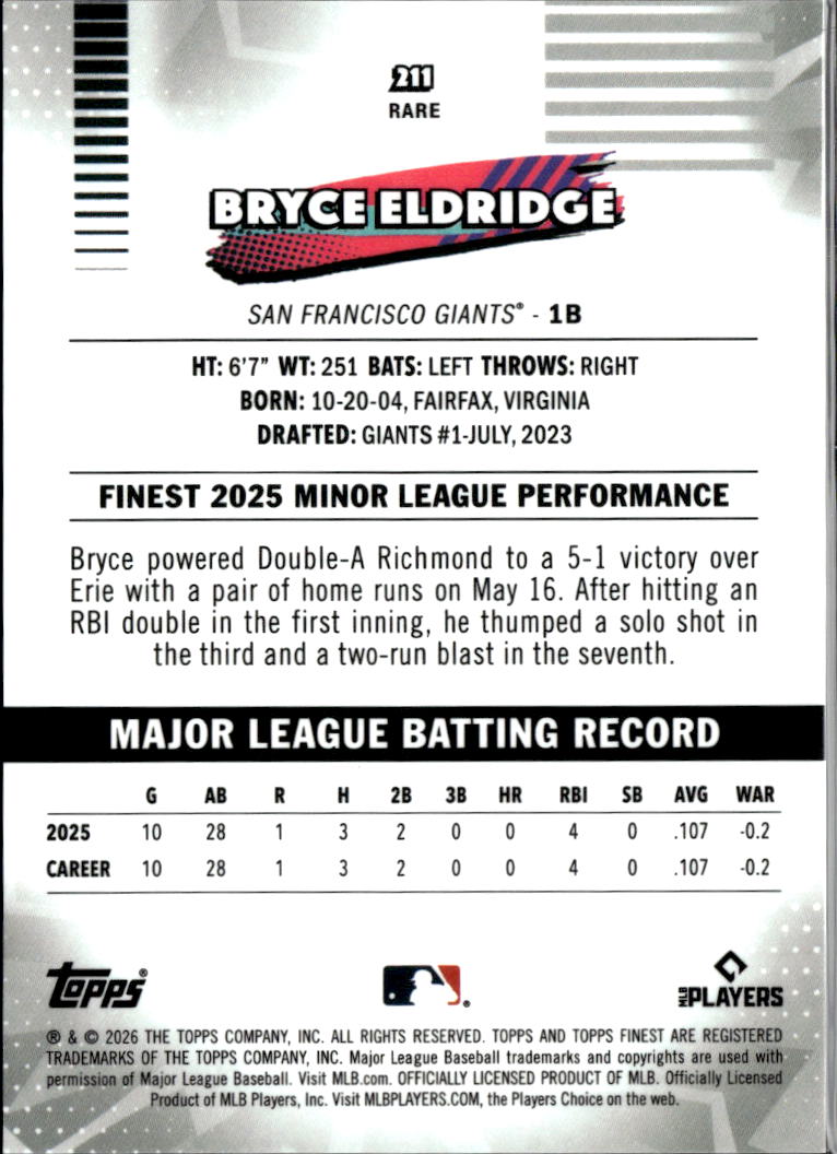Bryce Eldridge 2026 Topps Finest RC GOLD XFractor RC 8/50 San Francisco Giants