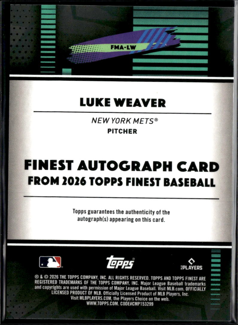 Luke Weaver 2026 Topps Finest Auto Orange Refractor /25 New York Mets
