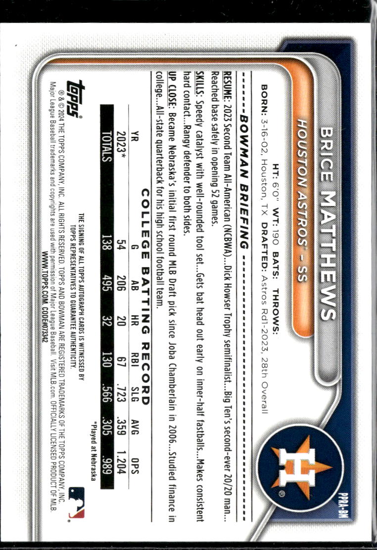 Brice Matthews 2024 Bowman 1st Bowman Auto Autograph Houston Astros