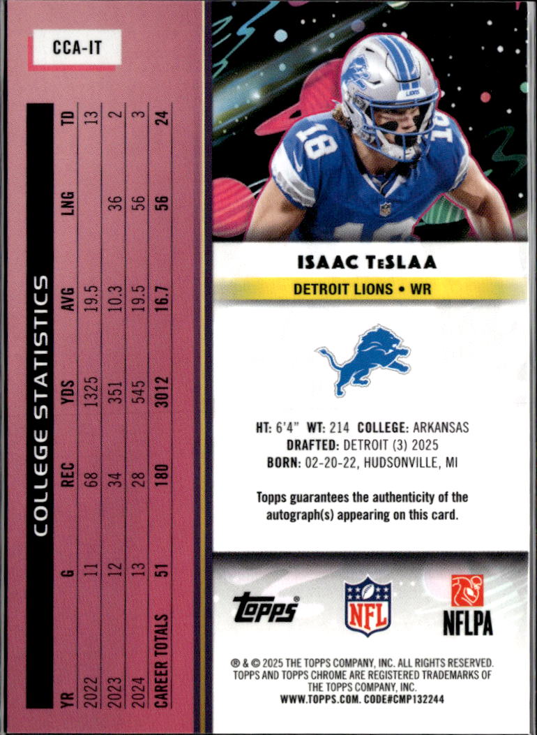 Isaac TeSlaa 2025 Topps Chrome Cosmic Auto Autograph Refractor RC Detroit Lions